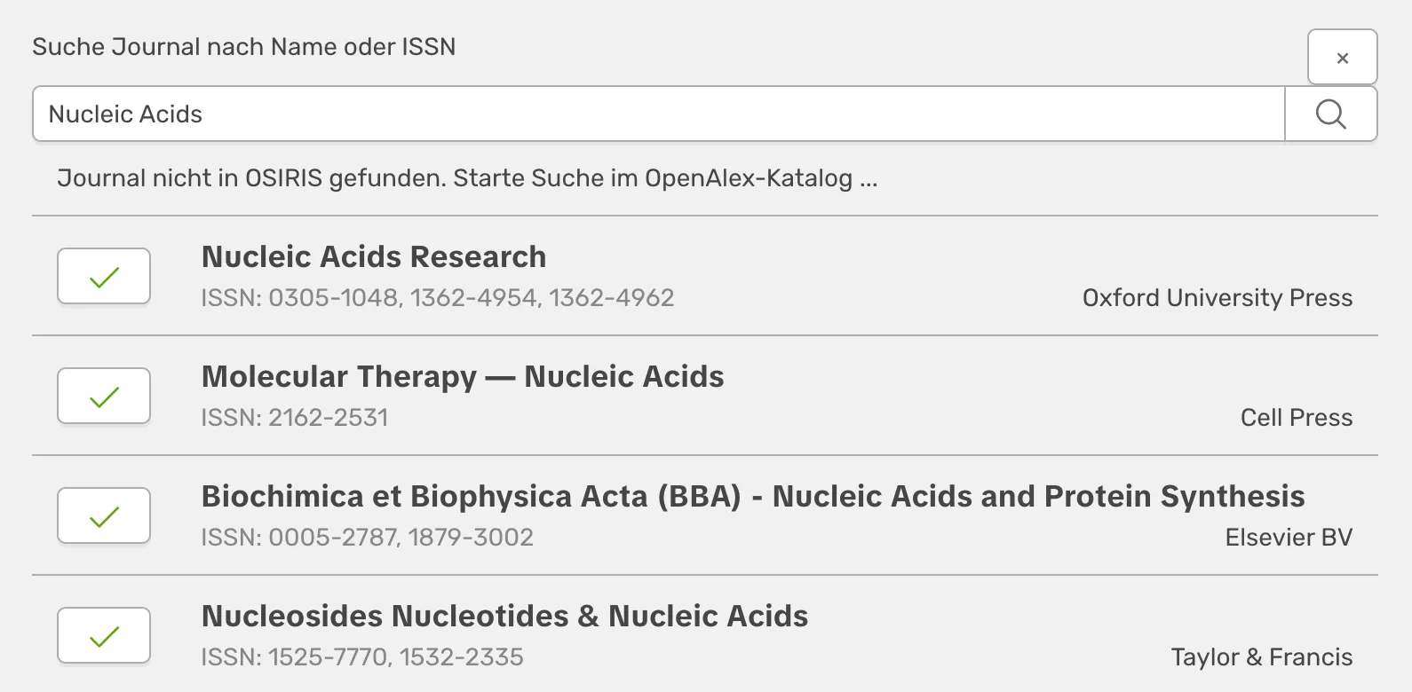 Dialog zum Hinzufügen eines Journals über OpenAlex